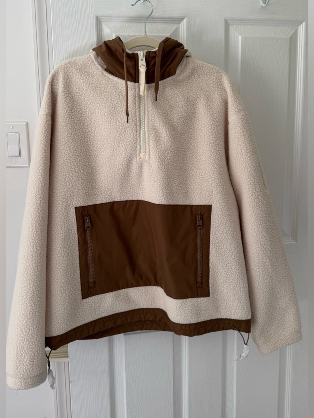 Mackage Ivory Sherpa Half-Zip with Brown Hood & Pocket Trim
